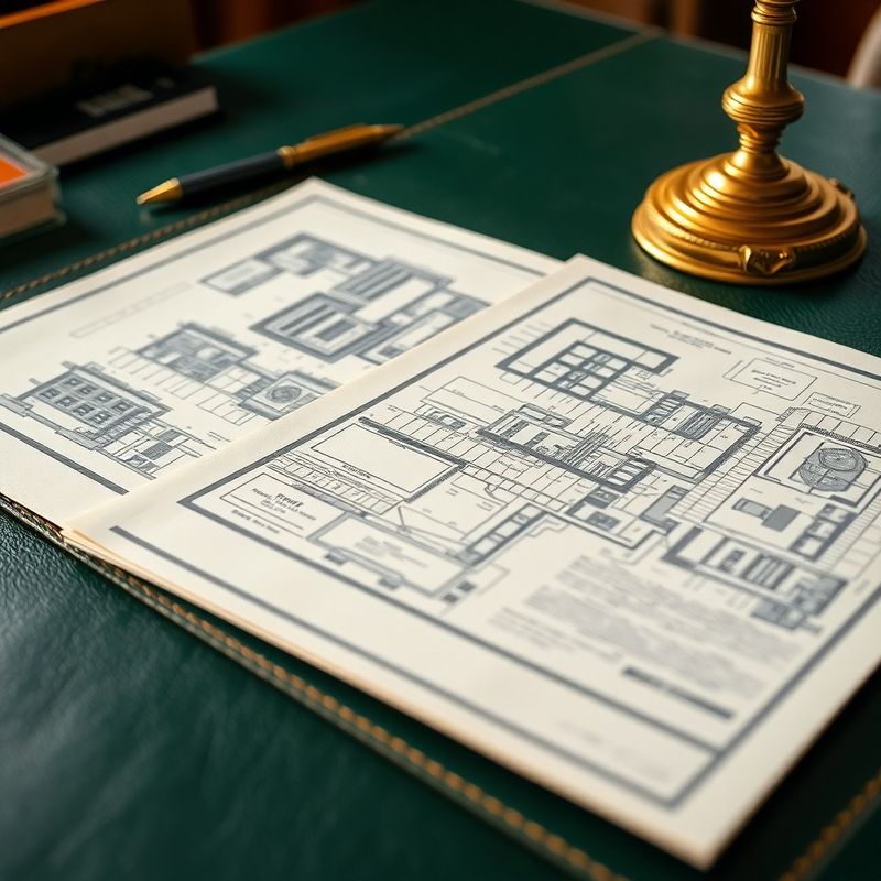 Layered architectural blueprints and bond certificates on a forest-green leather desk