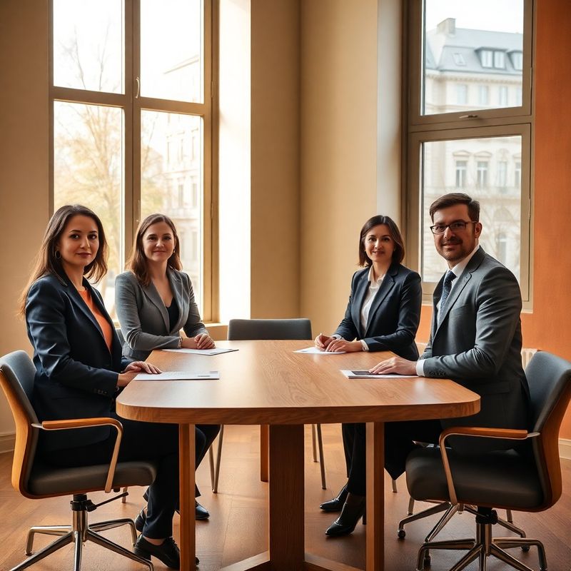 Four formally dressed professionals in a forest-cream meeting room