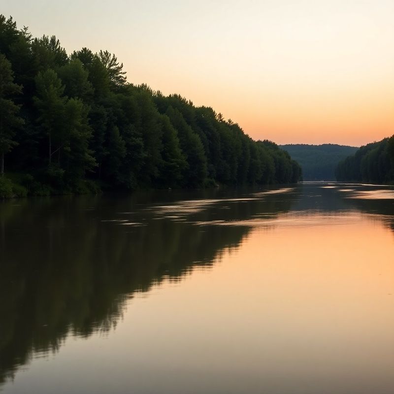 A calm Romanian riverside at dusk, forest-cream palette