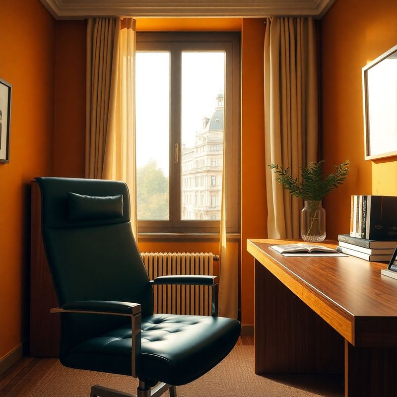Discreet advisory office interior with warm timber and ochre walls